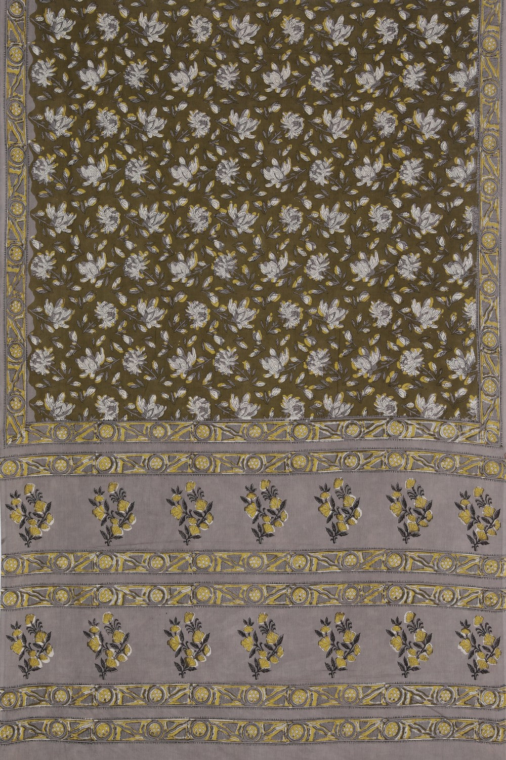 Image of Olive Green Bagru Cotton Saree