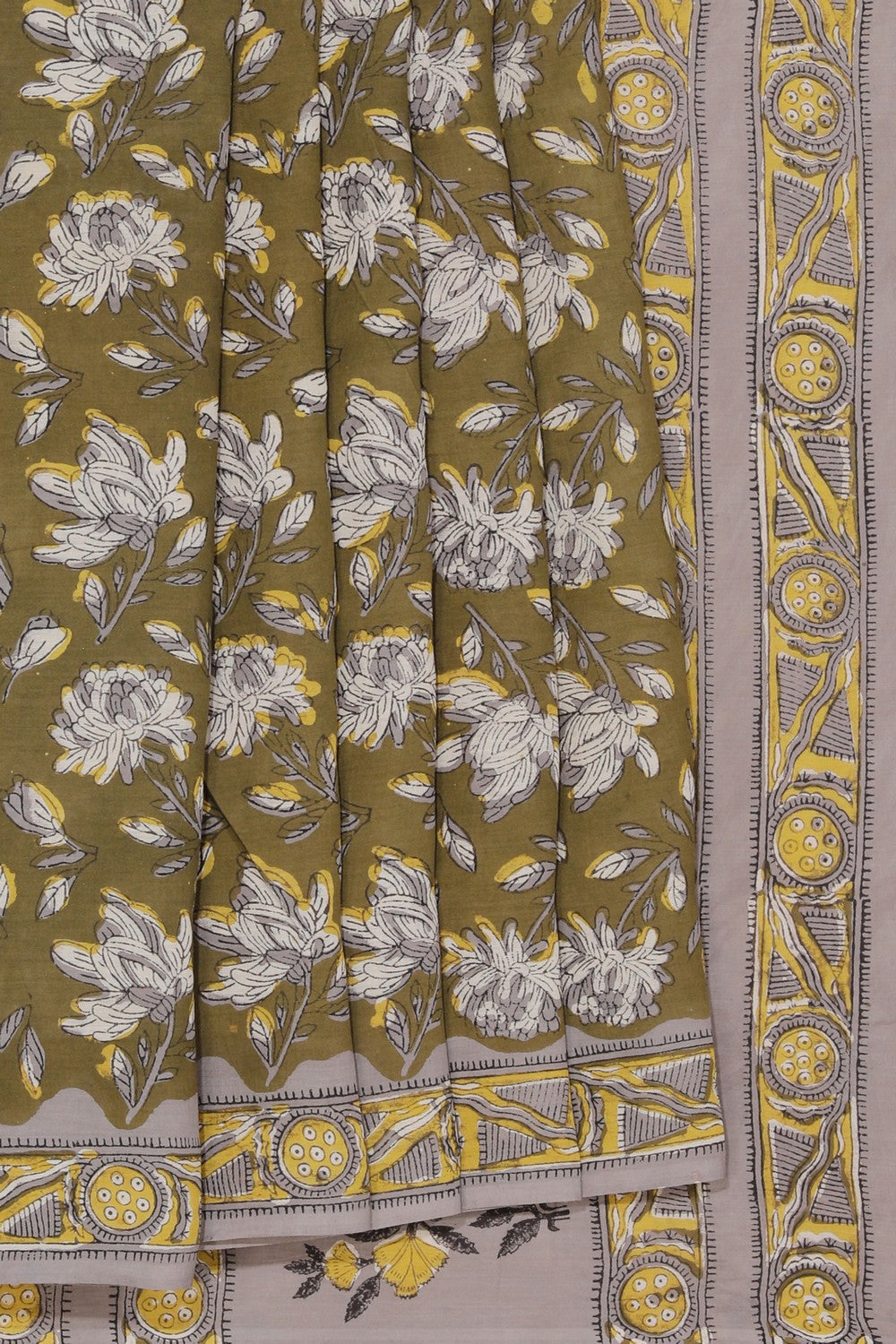 Image of Olive Green Bagru Cotton Saree