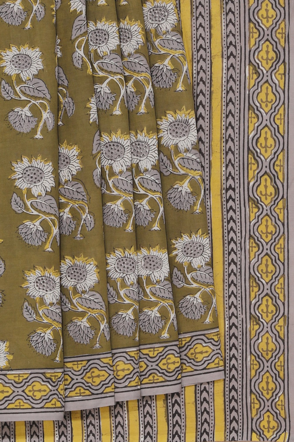 Image of Olive Green Hand Block Printed Bagru Cotton Saree