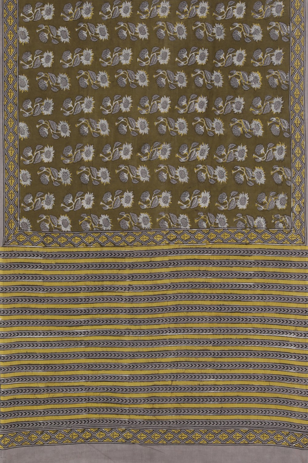 Image of Olive Green Hand Block Printed Bagru Cotton Saree