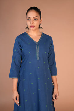 Image of Indigo blue woven cotton Kurta and pants set