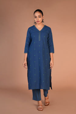 Image of Indigo blue woven cotton Kurta and pants set