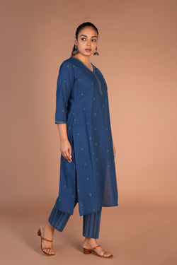 Image of Indigo blue woven cotton Kurta and pants set