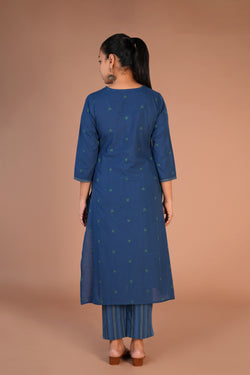 Image of Indigo blue woven cotton Kurta and pants set