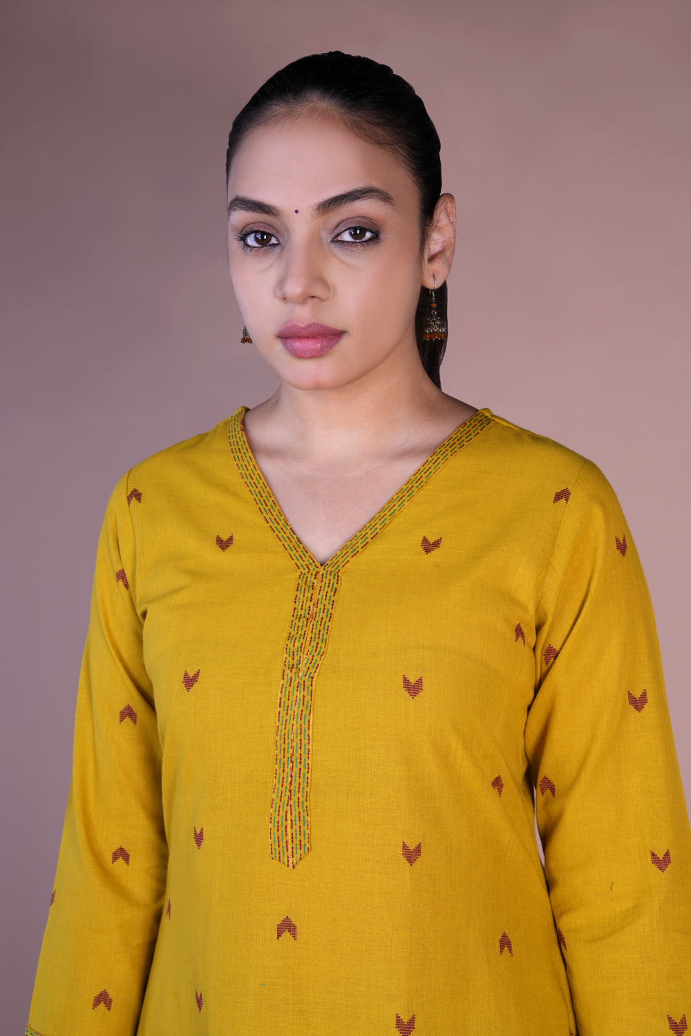 Mustard woven cotton Kurta and pants set.