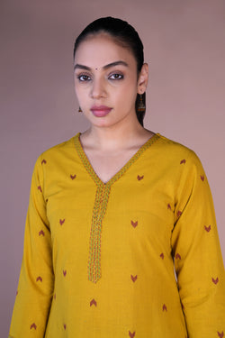 Image of Mustard woven cotton Kurta and pants set.