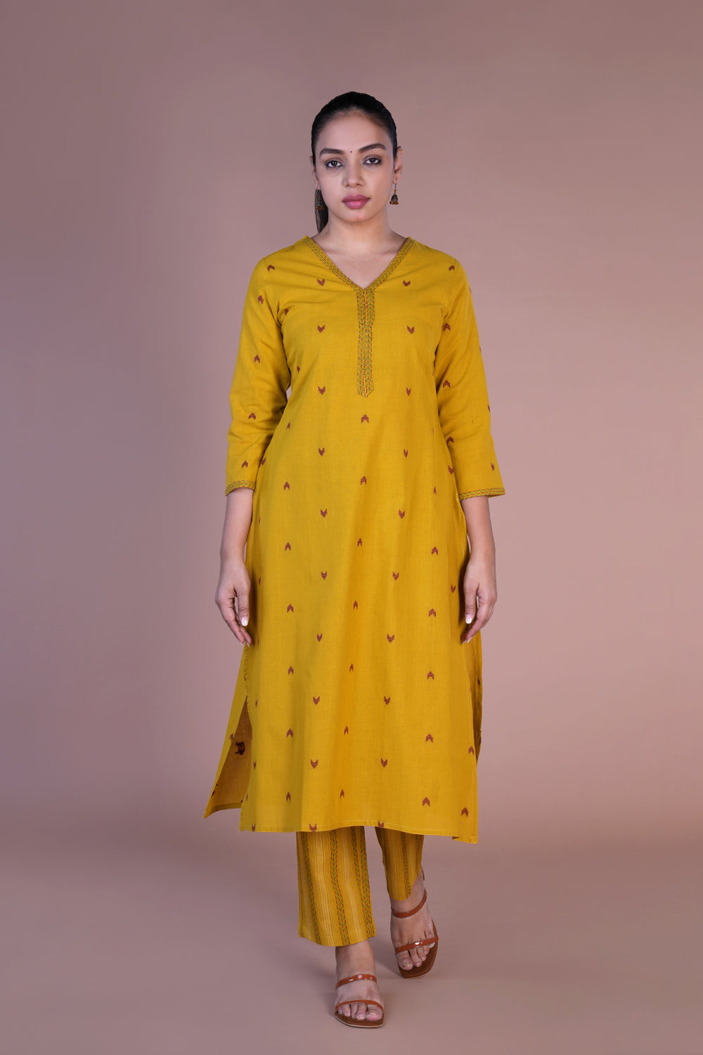 Mustard woven cotton Kurta and pants set.