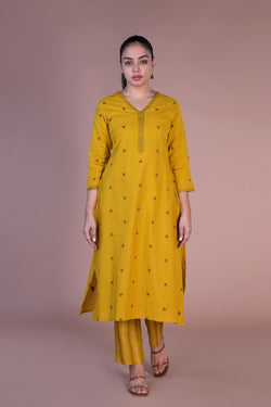 Image of Mustard woven cotton Kurta and pants set.