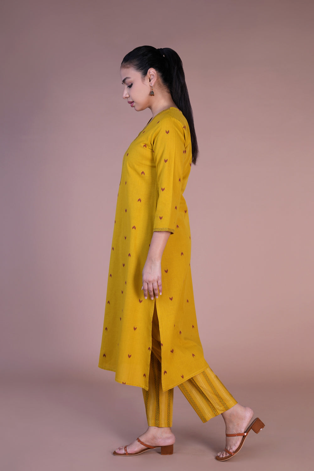 Mustard woven cotton Kurta and pants set.