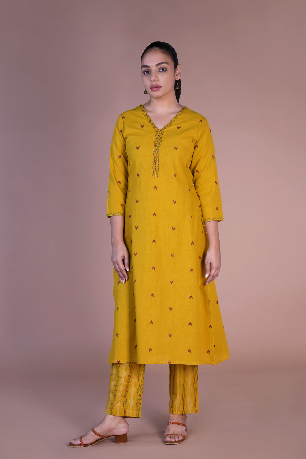 Mustard woven cotton Kurta and pants set.