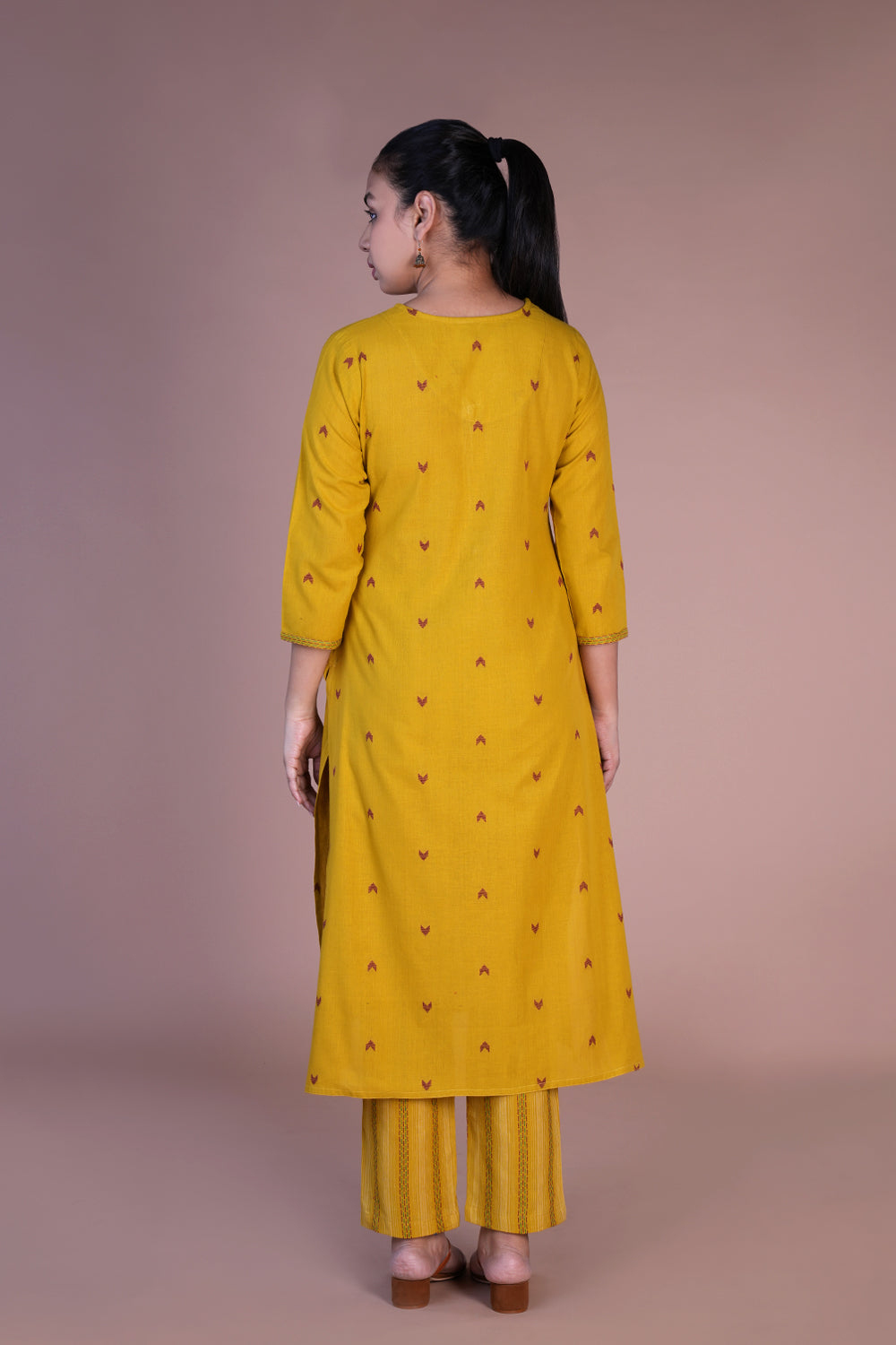 Mustard woven cotton Kurta and pants set.