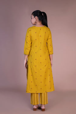 Image of Mustard woven cotton Kurta and pants set.