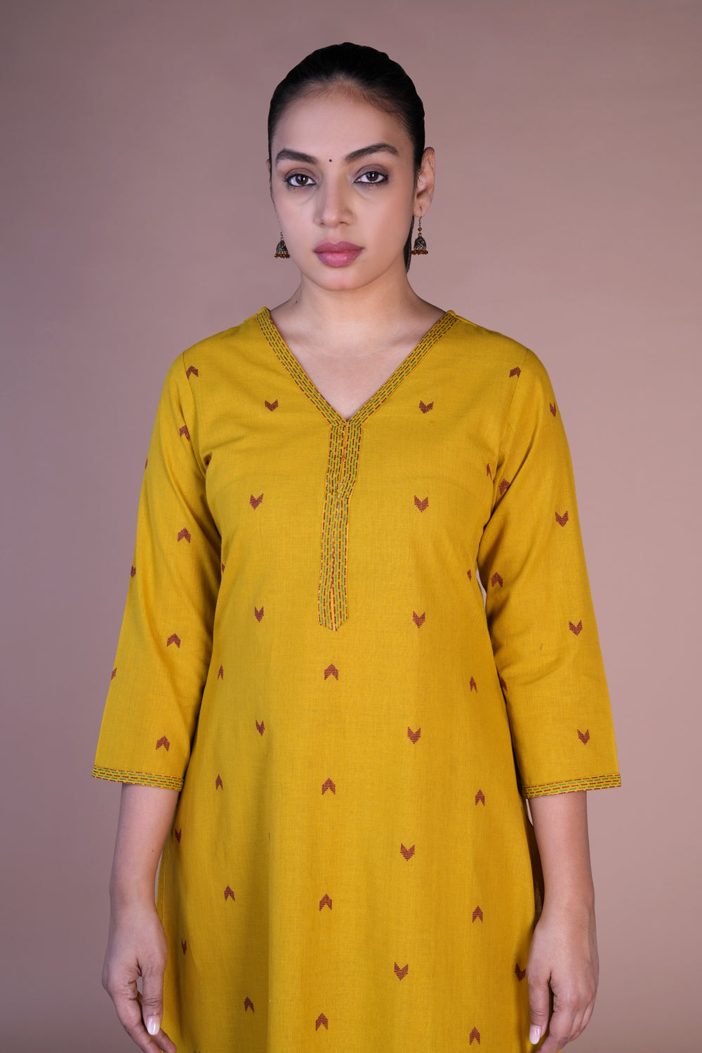 Mustard woven cotton Kurta and pants set.