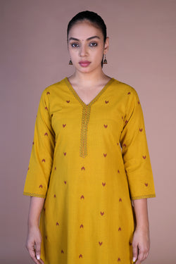 Image of Mustard woven cotton Kurta and pants set.