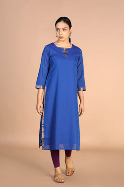 Image of Cerulean blue woven cotton Kurti