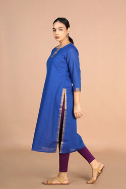 Image of Cerulean blue woven cotton Kurti