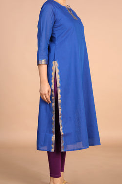 Image of Cerulean blue woven cotton Kurti