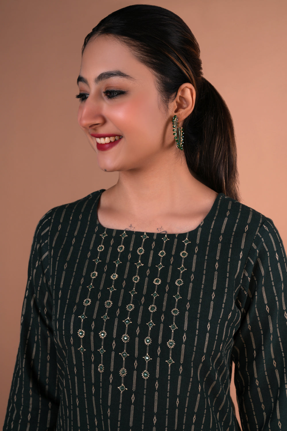 Image of Forest green cotton embroidered Kurta