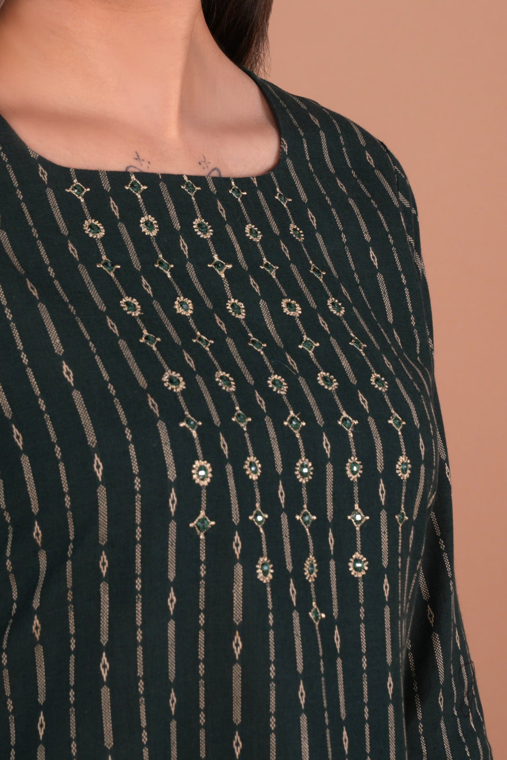 Image of Forest green cotton embroidered Kurta