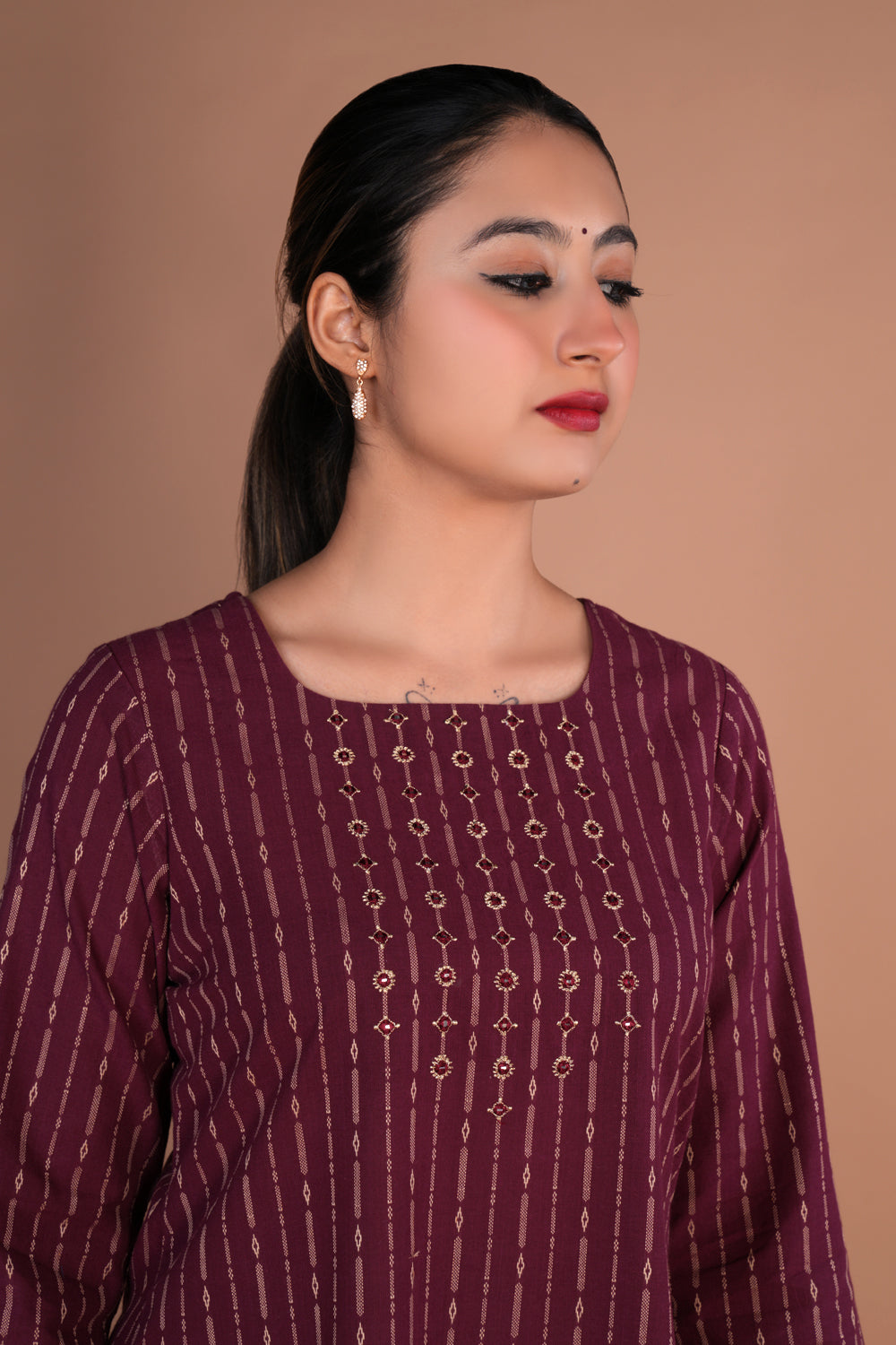 Image of Magenta maroon cotton embroidered Kurti