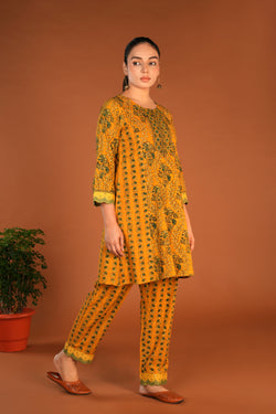 Image of Spicy Mustard Ajrak handblock printed Kurta and pants set.