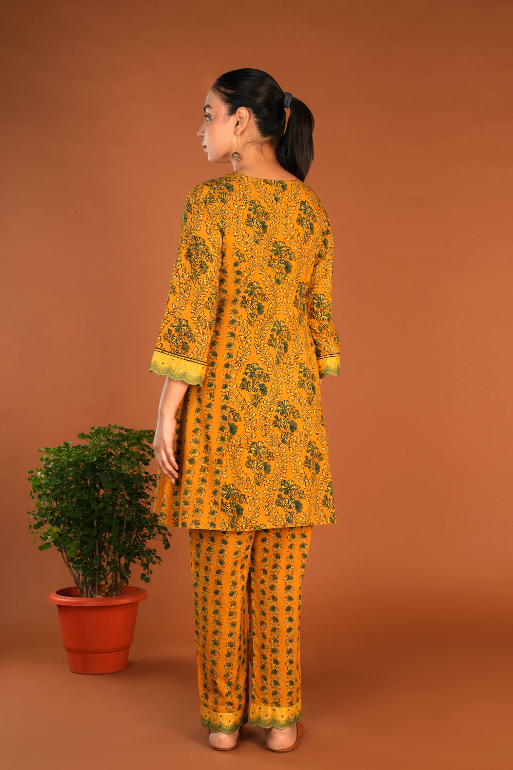 Spicy Mustard Ajrak handblock printed Kurta and pants set.