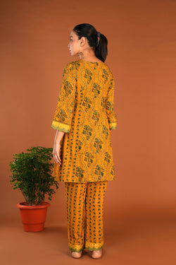 Image of Spicy Mustard Ajrak handblock printed Kurta and pants set.