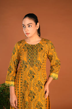 Image of Spicy Mustard Ajrak handblock printed Kurta and pants set.