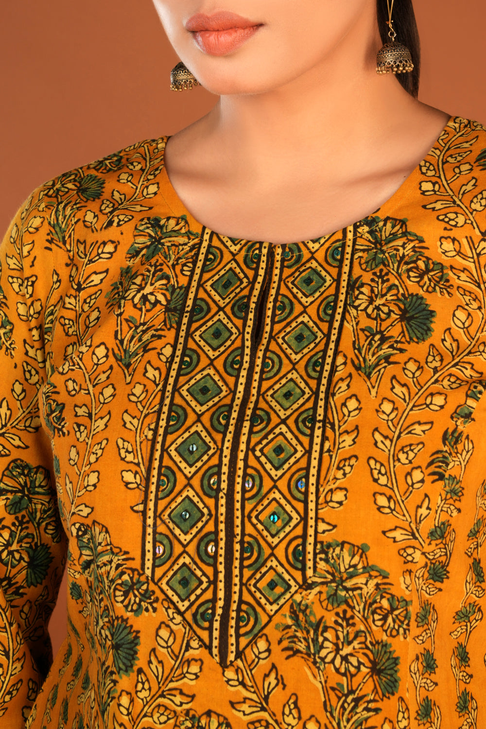 Spicy Mustard Ajrak handblock printed Kurta and pants set.