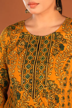 Image of Spicy Mustard Ajrak handblock printed Kurta and pants set.