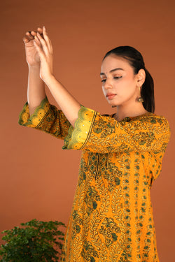 Image of Spicy Mustard Ajrak handblock printed Kurta and pants set.