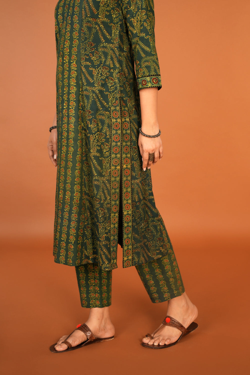 Image of Forest Green Ajrak handblock printed kurta with dupatta set