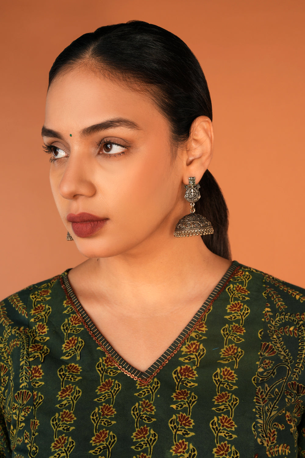 Image of Forest Green Ajrak handblock printed kurta with dupatta set