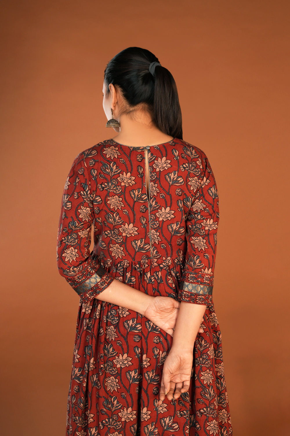 Image of Deep maroon Ajrak floral handblock printed ethnic kurta