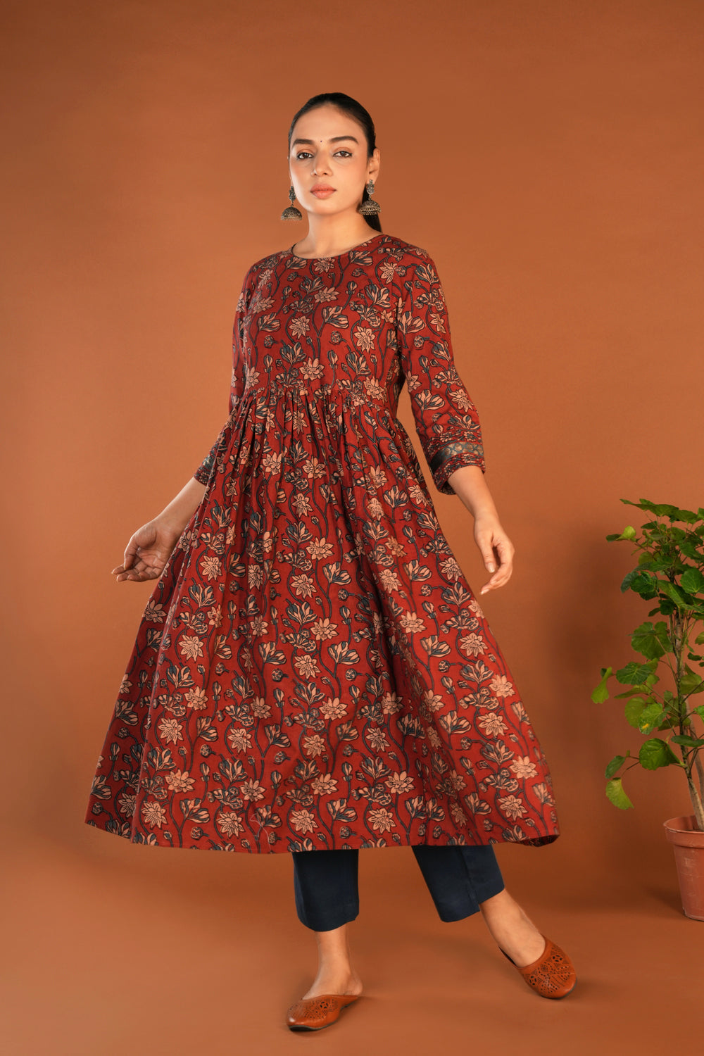 Image of Deep maroon Ajrak floral handblock printed ethnic kurta