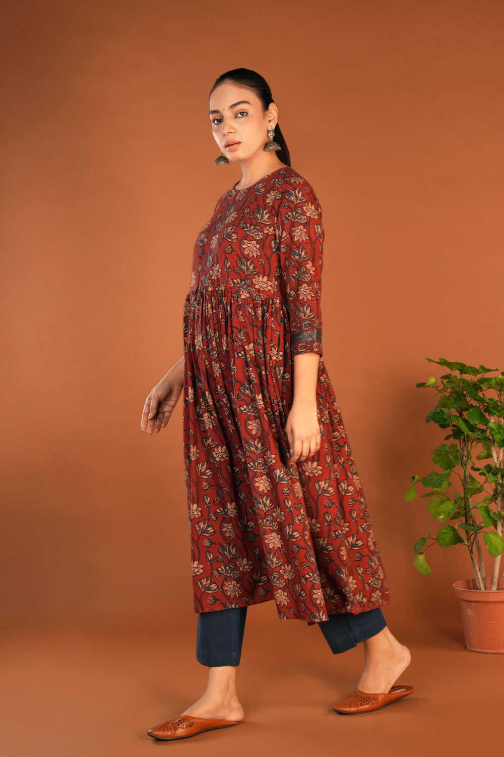 Image of Deep maroon Ajrak floral handblock printed ethnic kurta