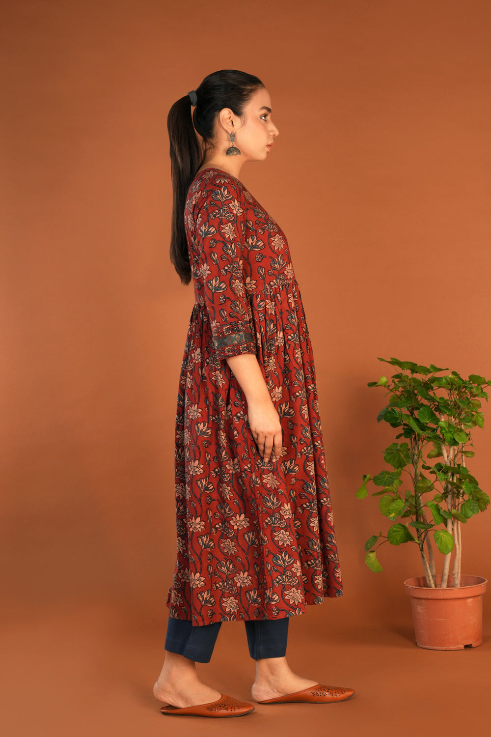 Image of Deep maroon Ajrak floral handblock printed ethnic kurta