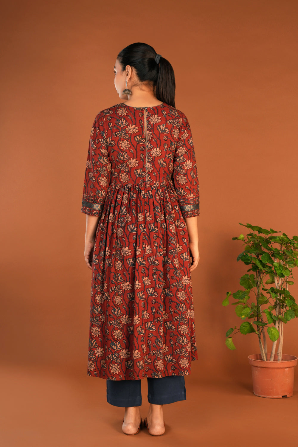 Image of Deep maroon Ajrak floral handblock printed ethnic kurta
