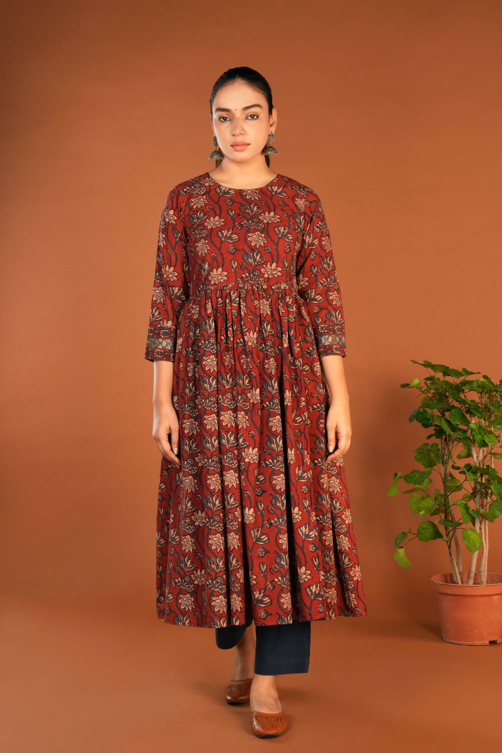 Image of Deep maroon Ajrak floral handblock printed ethnic kurta