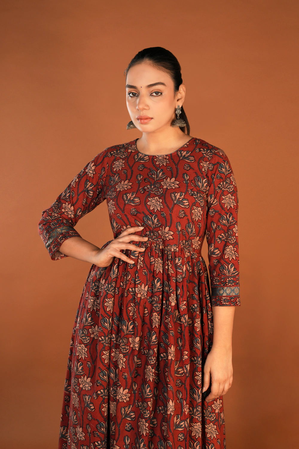 Image of Deep maroon Ajrak floral handblock printed ethnic kurta