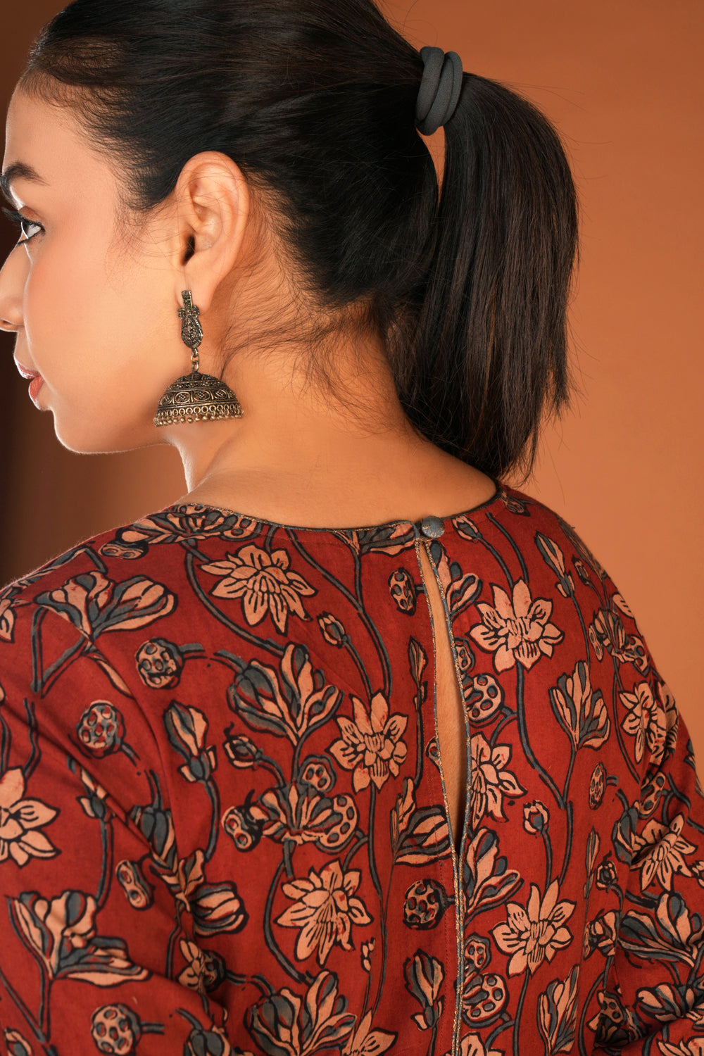 Image of Deep maroon Ajrak floral handblock printed ethnic kurta