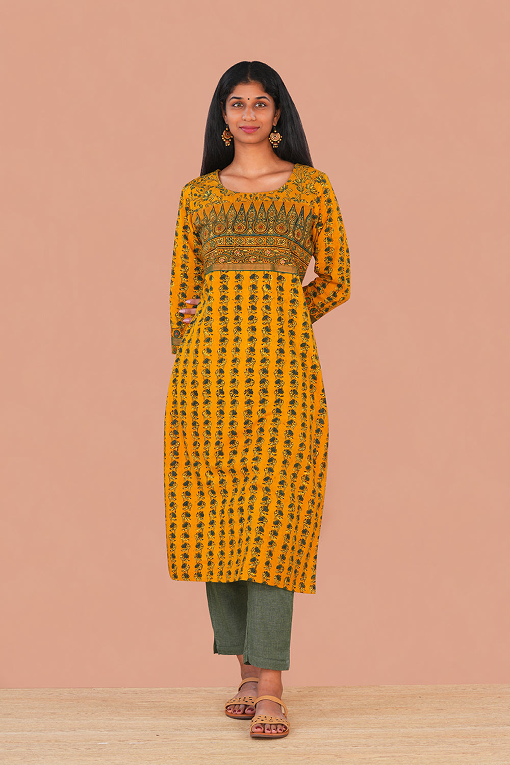 Image of Spicy Mustard cotton Ajrak Kurta