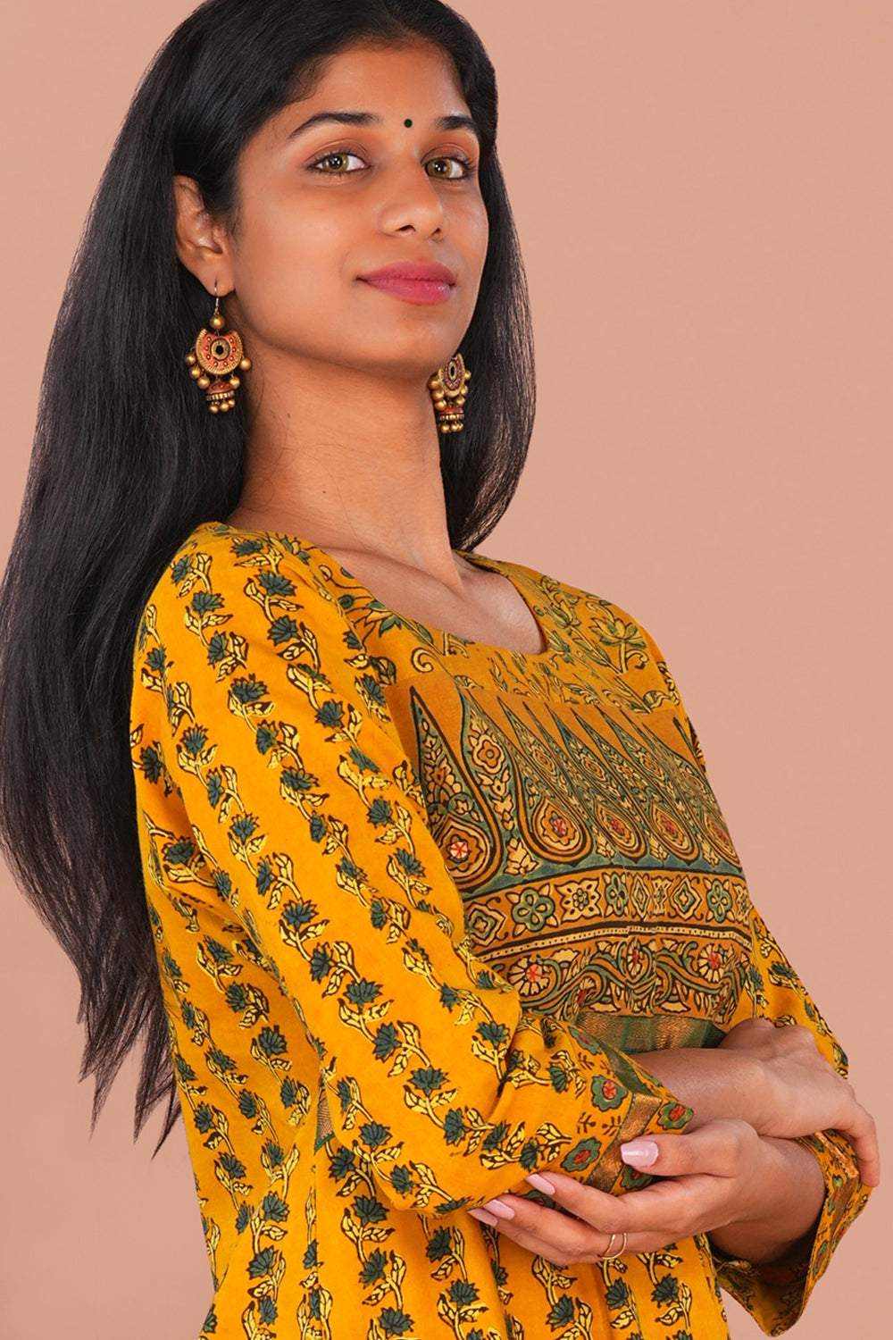 Image of Spicy Mustard cotton Ajrak Kurta