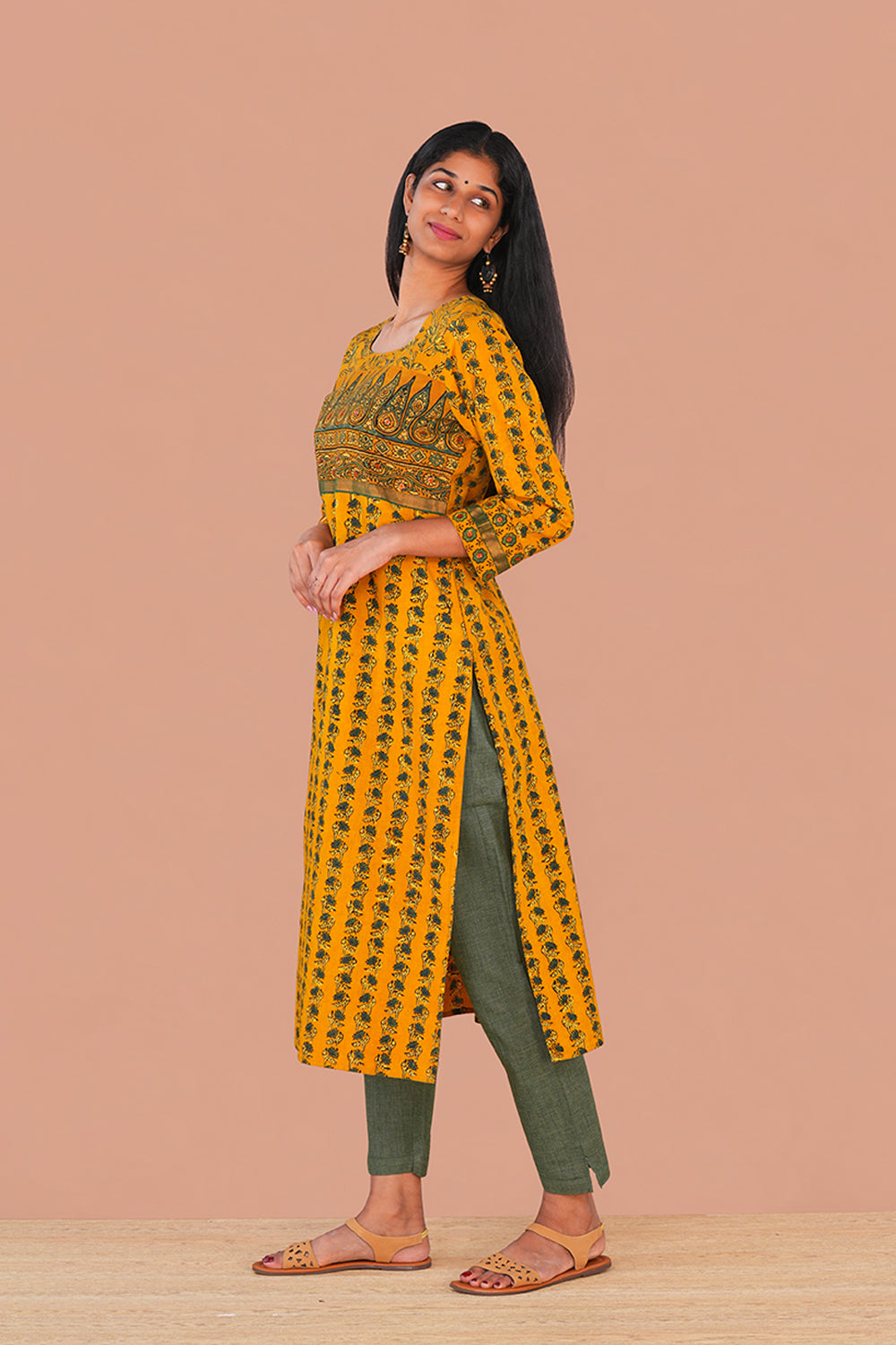 Image of Spicy Mustard cotton Ajrak Kurta