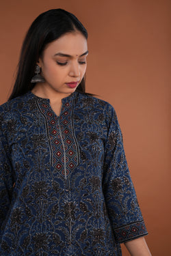 Image of Indigo Blue Ajrak handblock printed Kurta.