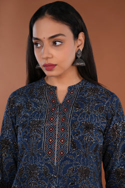 Image of Indigo Blue Ajrak handblock printed Kurta.