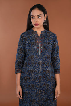 Image of Indigo Blue Ajrak handblock printed Kurta.