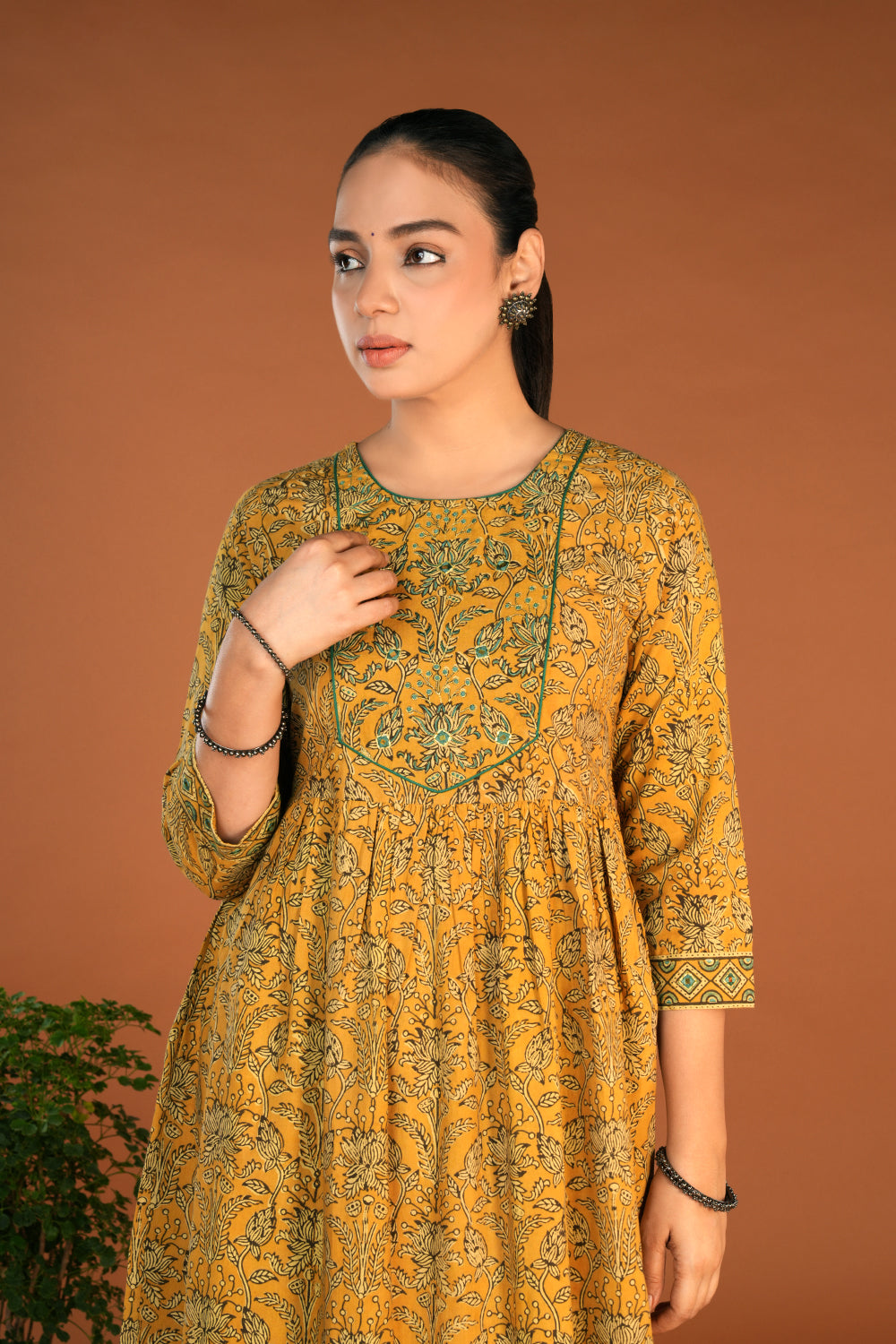 Image of Mustard yellow Ajrak Handblock printed kurta