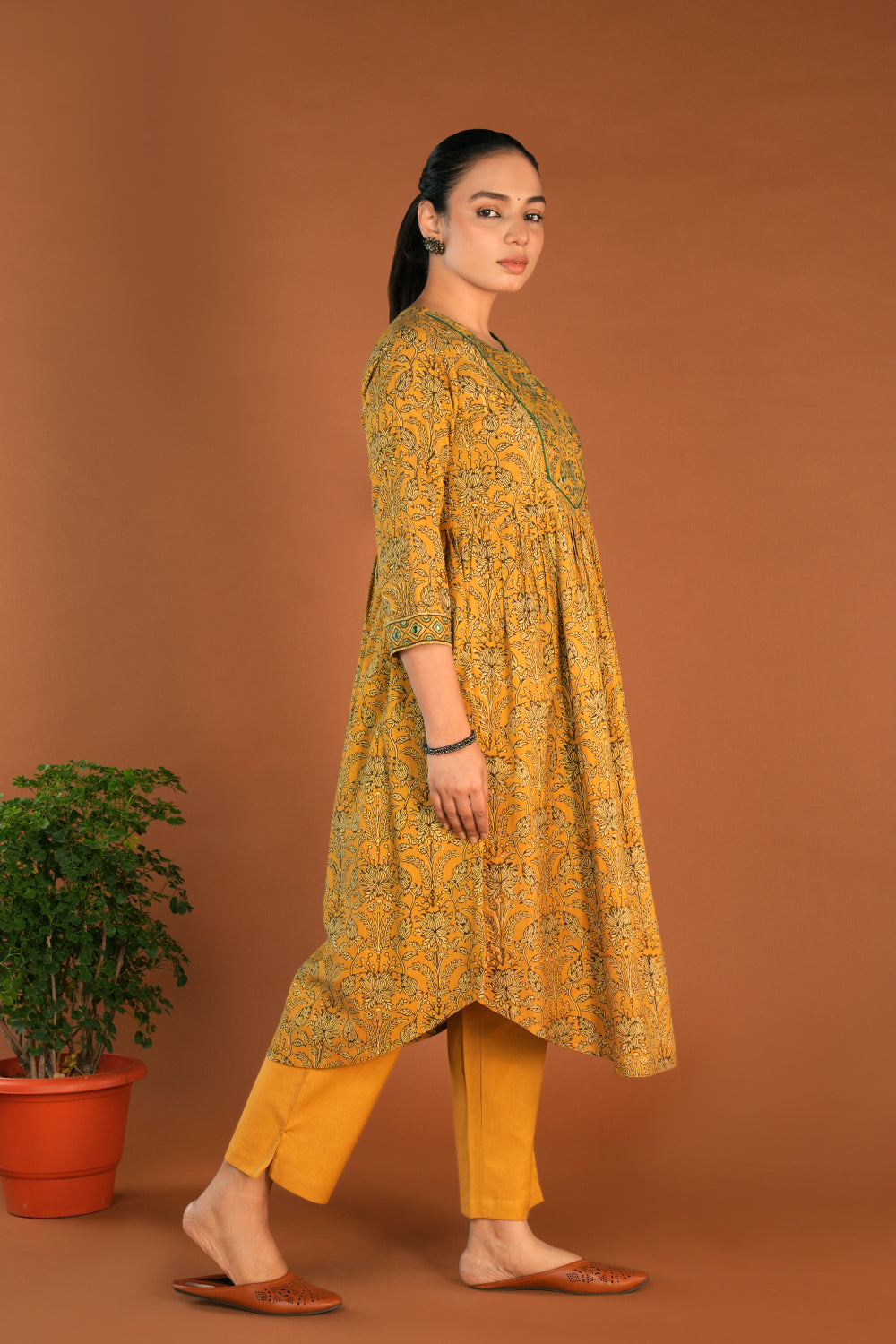 Image of Mustard yellow Ajrak Handblock printed kurta