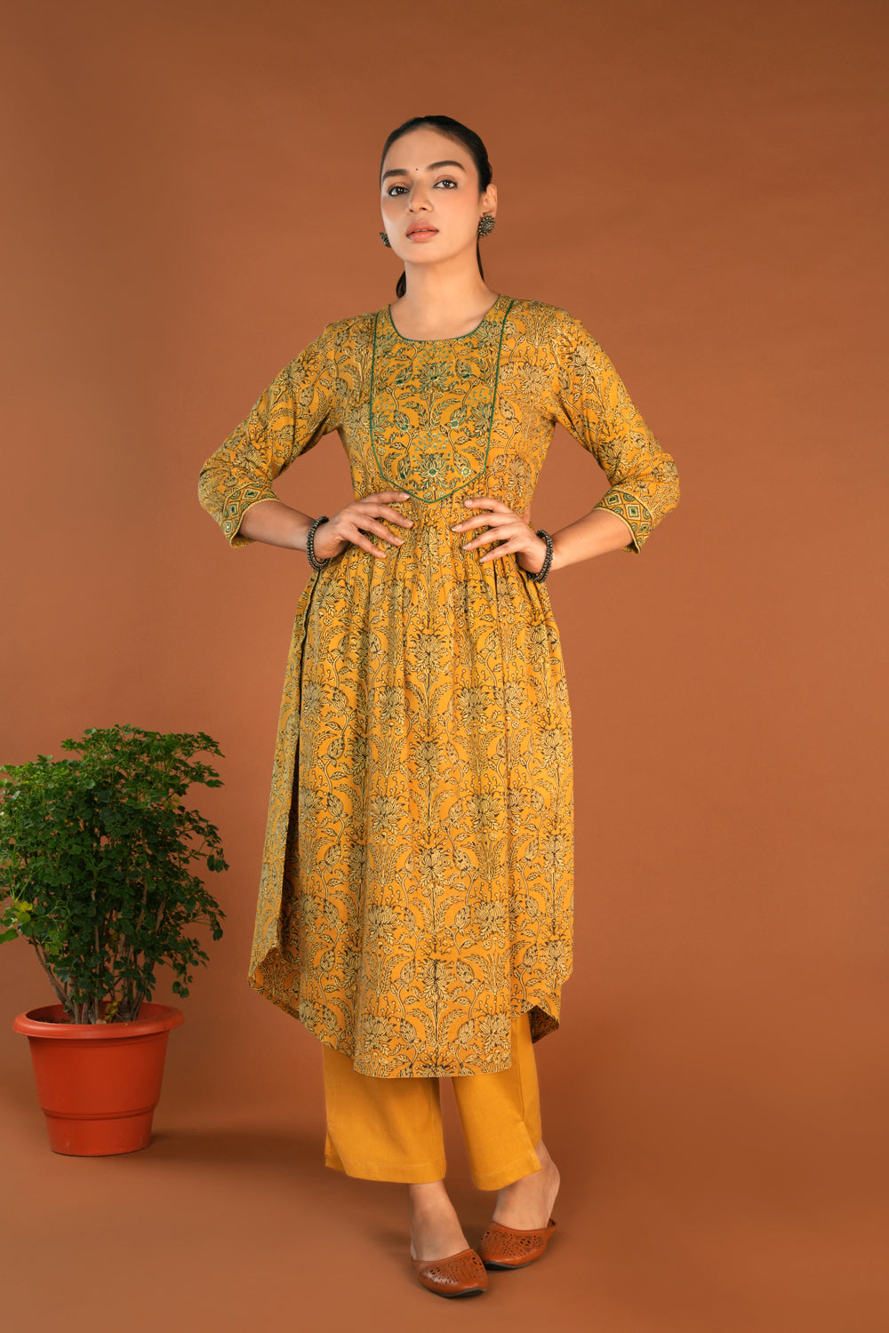 Image of Mustard yellow Ajrak Handblock printed kurta